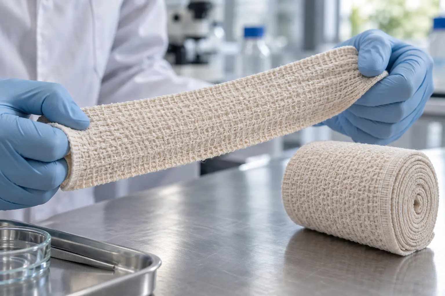 R&D quality inspection evaluating the elastic bandage stretch ratio on a laboratory bench