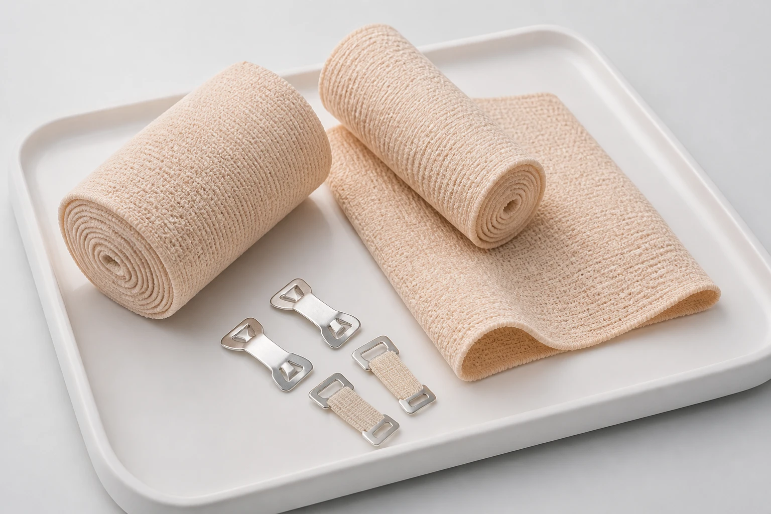 Premium elastic crepe bandage with clips showing both aluminum metal clips and elastic hook fasteners for B2B medical supply
