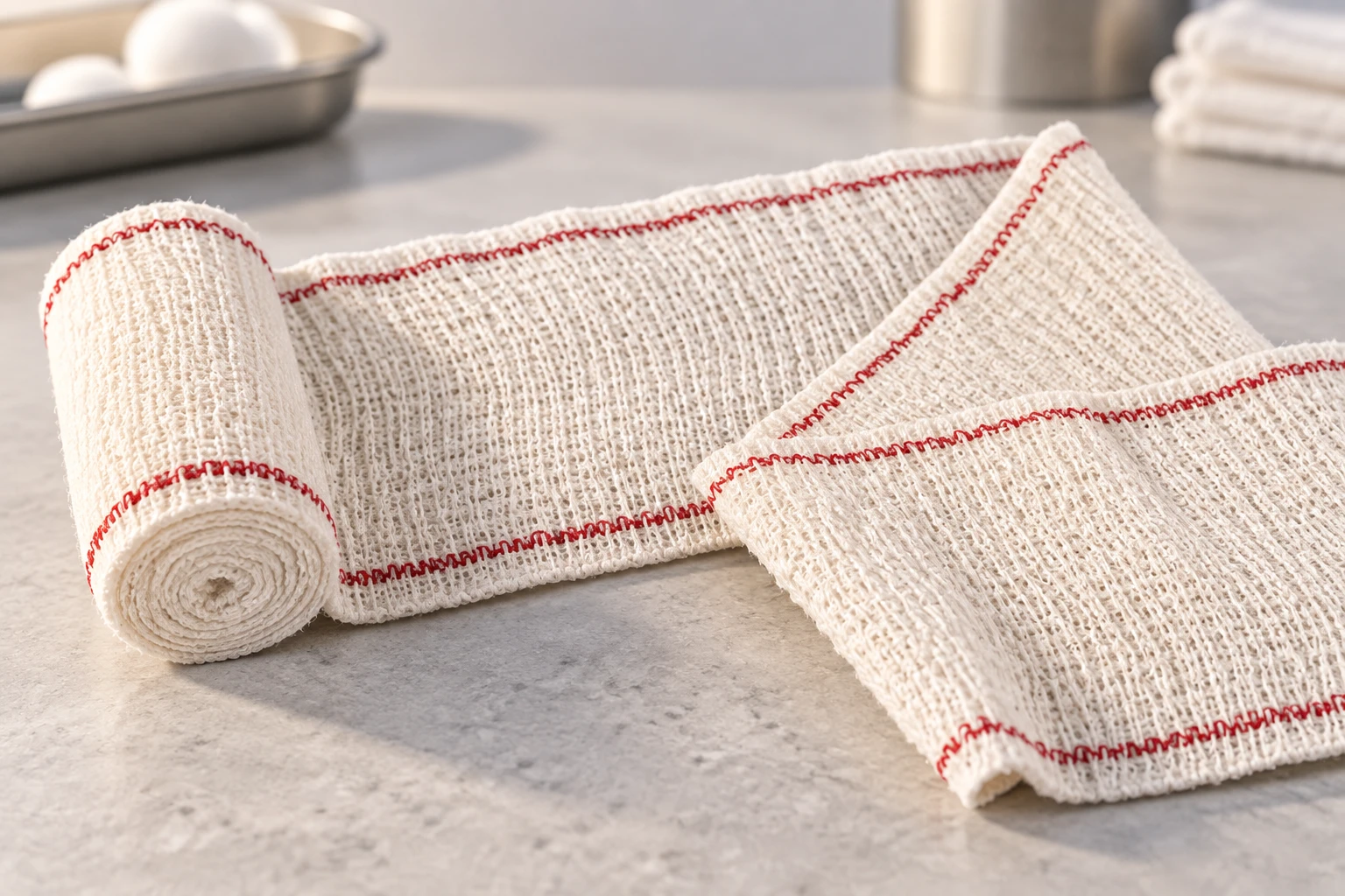 Close-up commercial macro shot of a durable spandex crepe bandage roll showing the core-spun textured weave