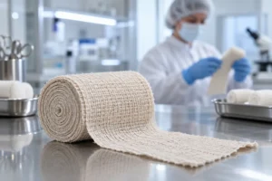 Quality inspection of a sterile elastic crepe bandage roll in a class 100,000 medical cleanroom