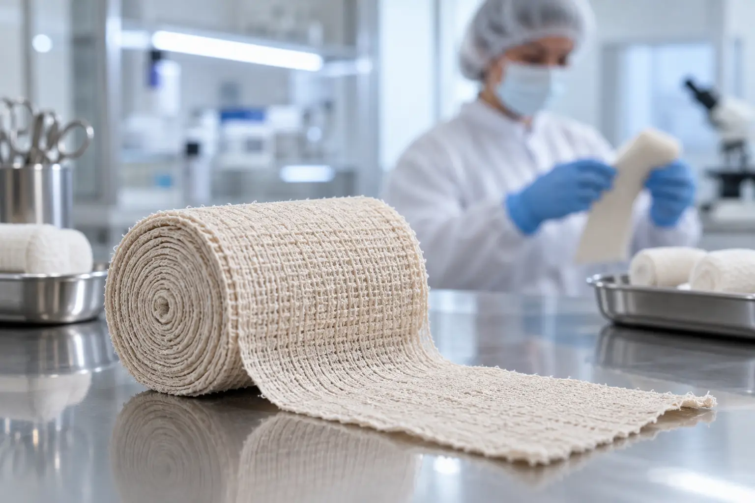 Inspección de calidad de un rollo de vendaje elástico de crepé estéril en una sala limpia médica clase 100.000