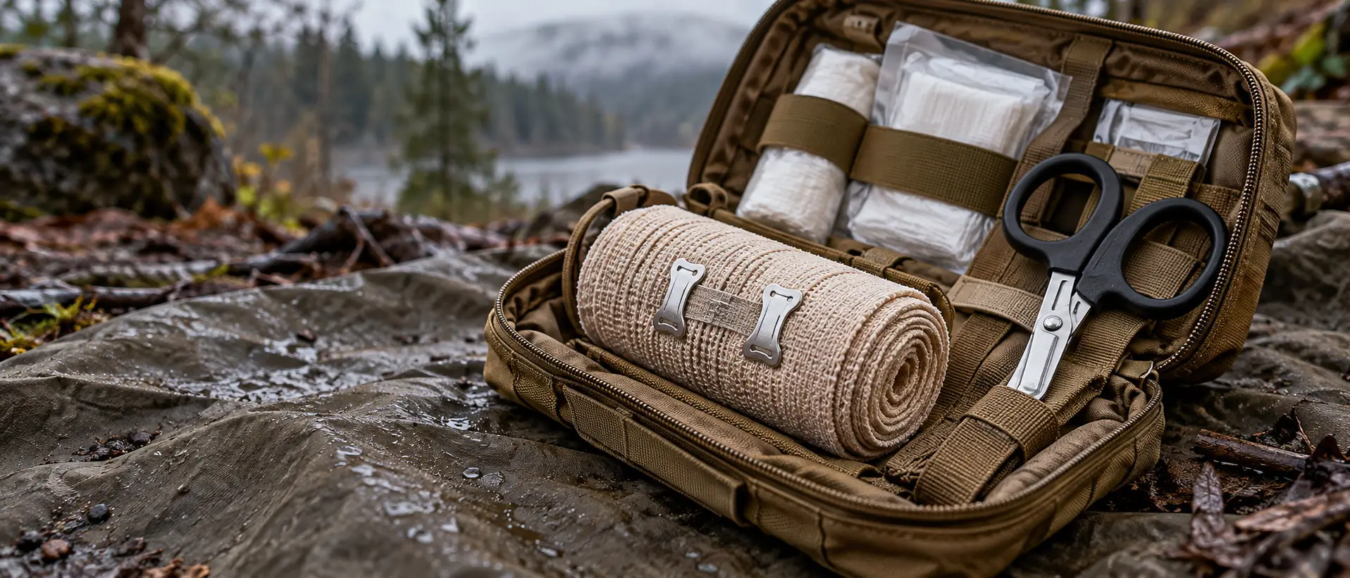 Tactical IFAK trauma kit opened outdoors with an elastic bandage with metal clips ready for field application