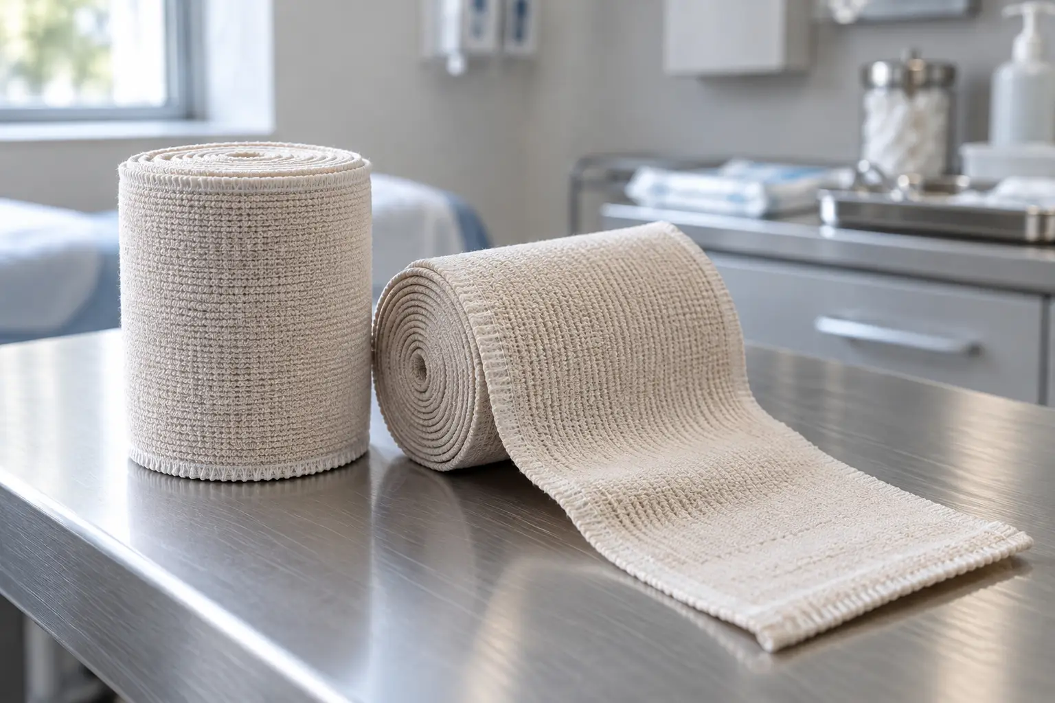 Comparison of high stretch vs short stretch bandages texture on a clinical examination table