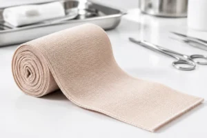 Medical grade latex-free high elastic bandage roll showing precision woven selvedge edges on a laboratory inspection desk