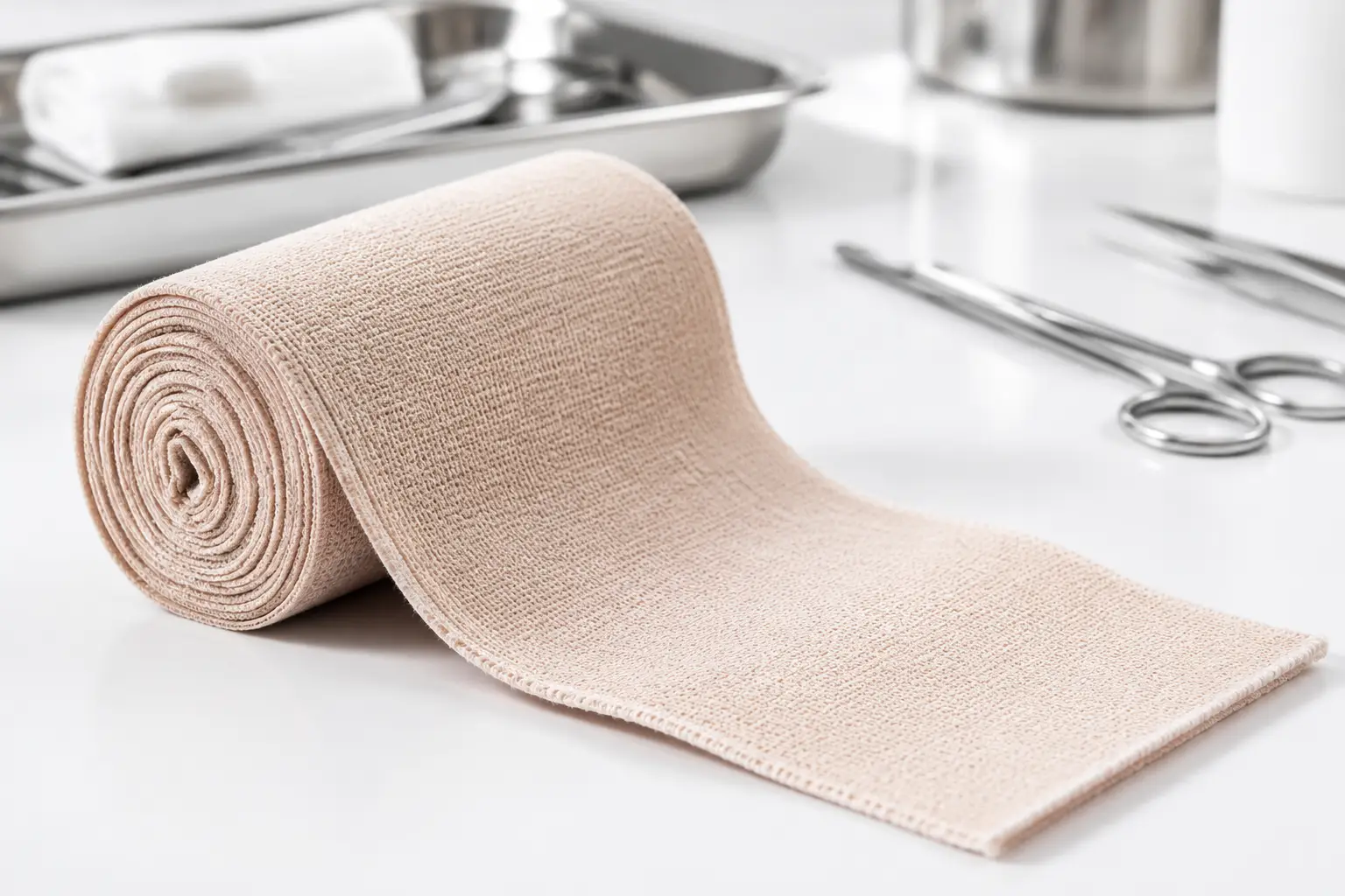 Medical grade latex-free high elastic bandage roll showing precision woven selvedge edges on a laboratory inspection desk