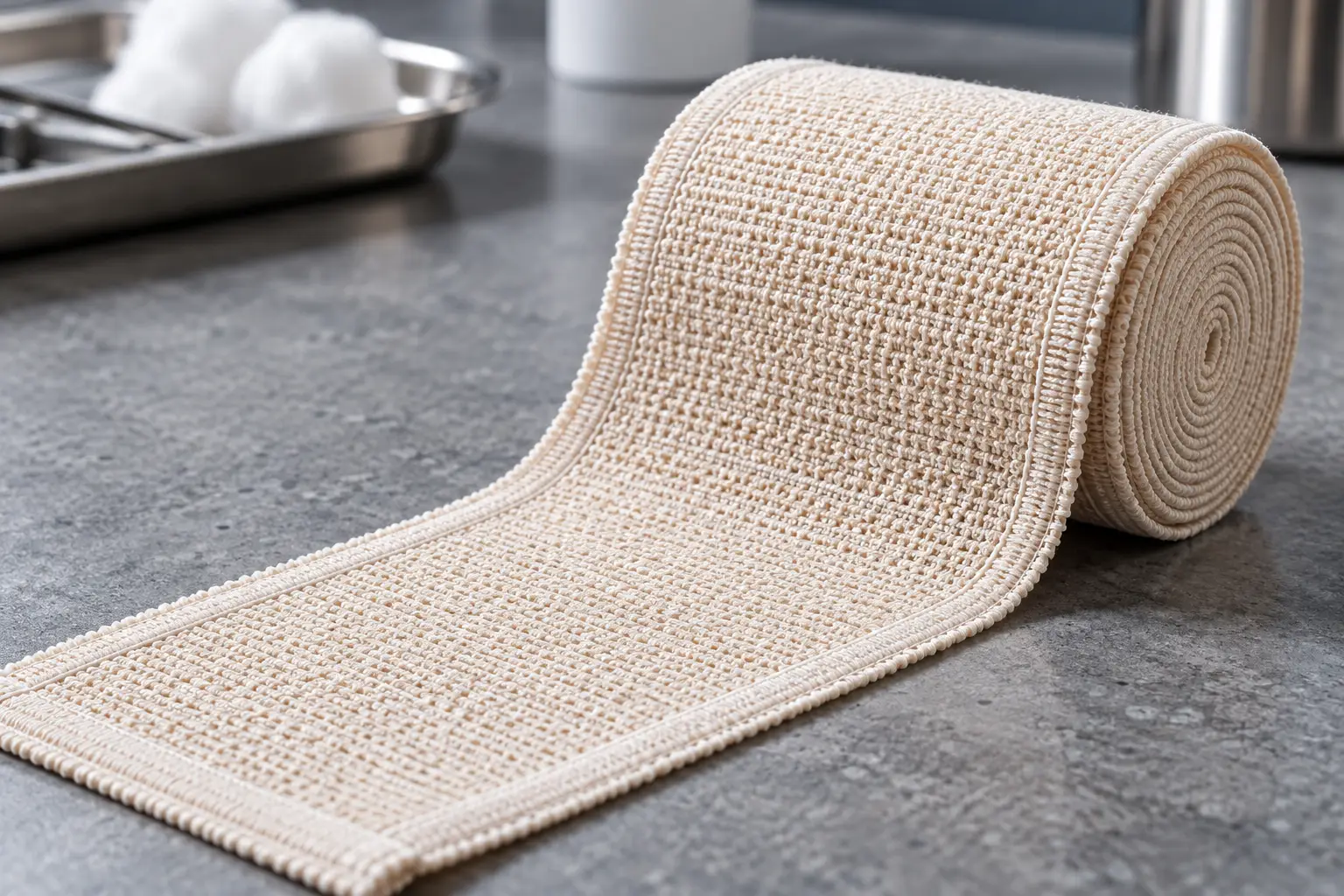 Macro view of a permanent high elastic compression bandage roll highlighting heavy-duty crepe weave and durable selvedges
